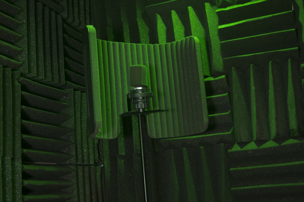 microfono con escudo aislante en cabina de grabacion